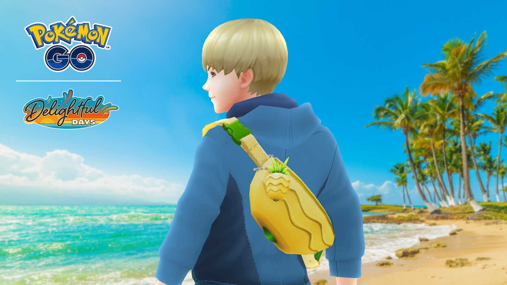 Um personagem Pokémon Go usa uma bolsa de estilingue que se parece com uma baga pinap