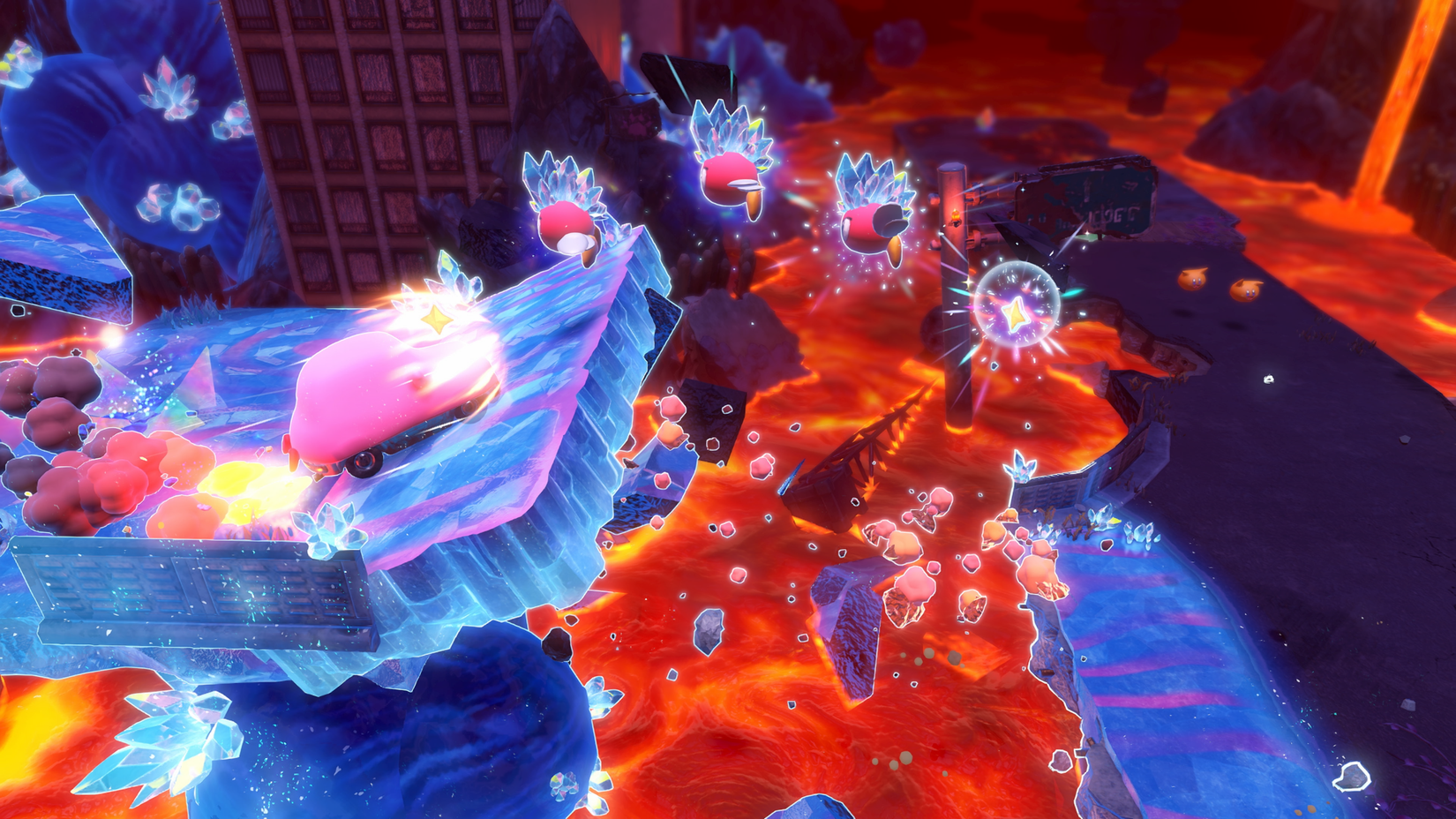 Car Kirby expulsa uma rampa em Kirby e o mundo esquecido + atravessou o mundo.