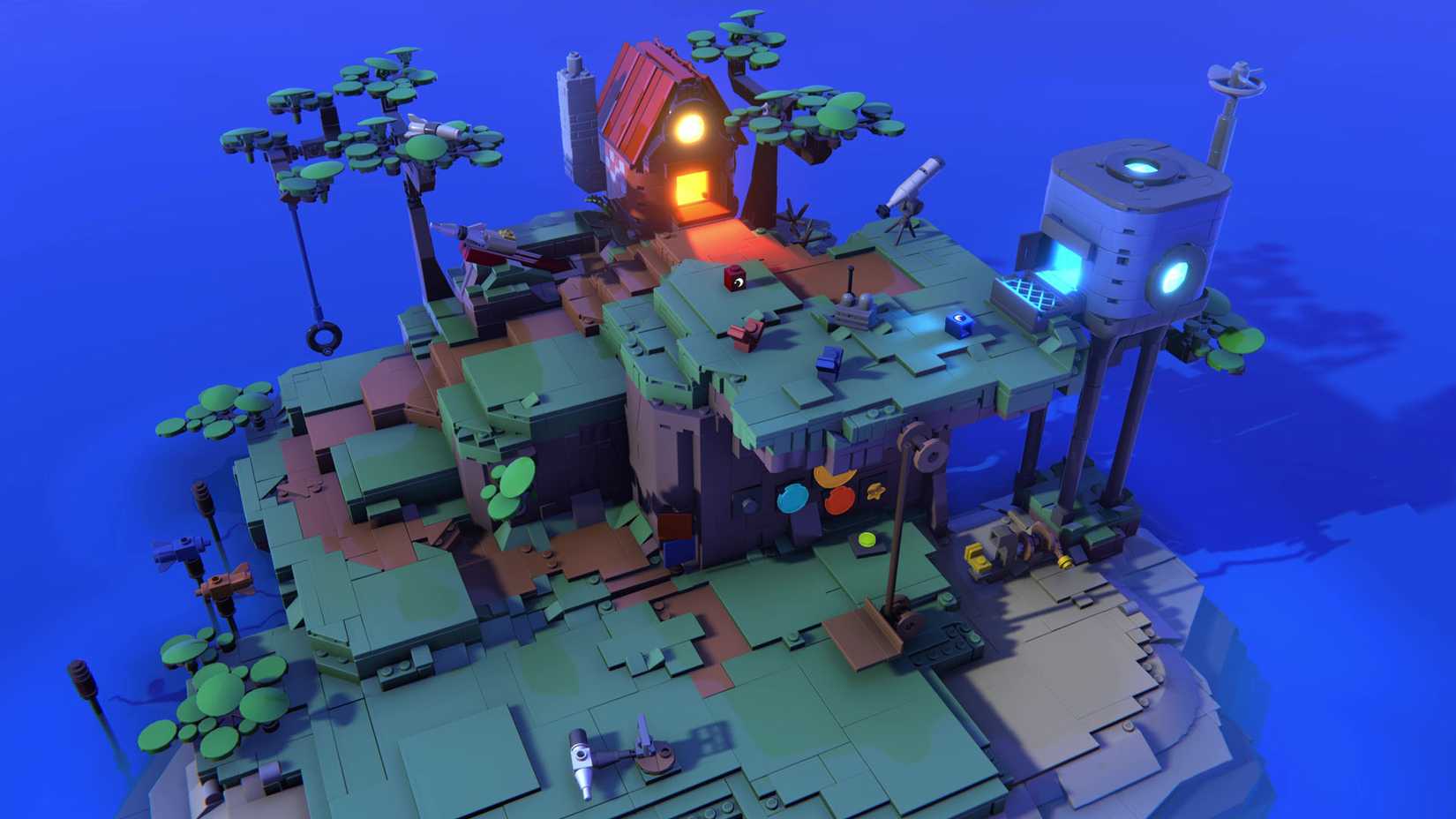 Uma captura de tela oficial de Voyagers de Levo, mostrando duas pequenas casas de lego em uma ilha