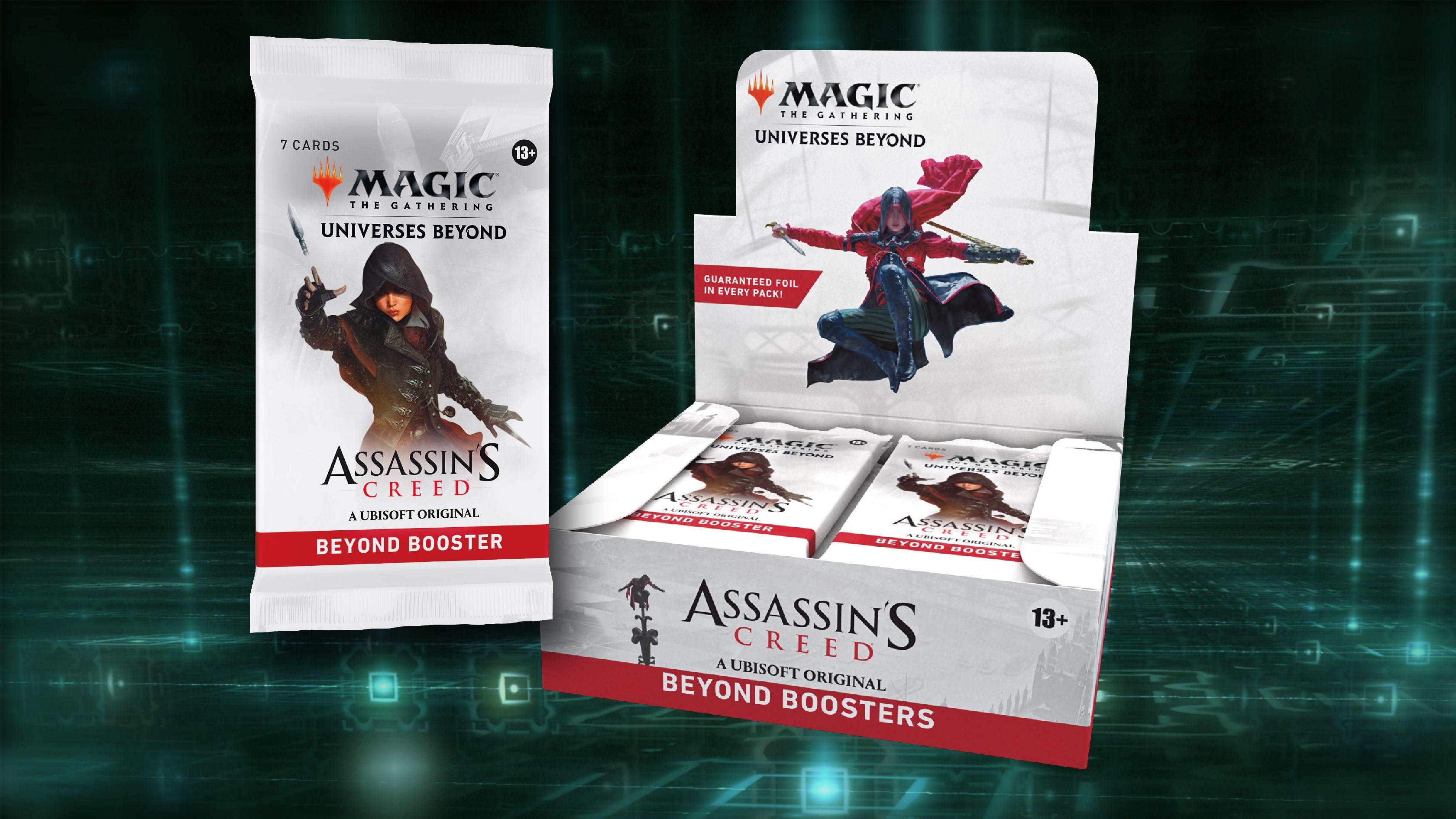 Uma foto stock dos universos de Assassin's Creed Beyond Booster Box for Magic: The Gathering