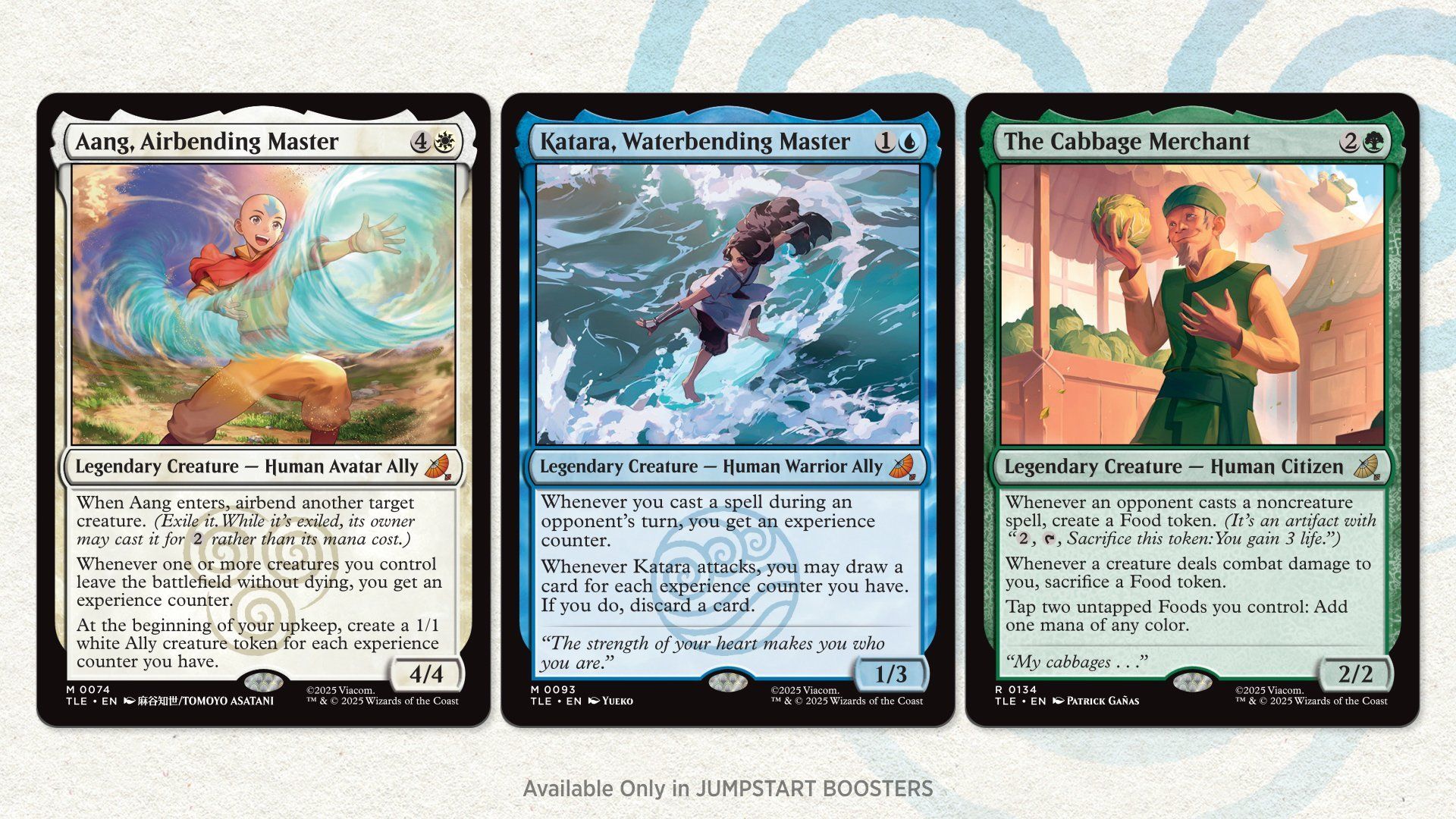 Visualizar imagens de novos cartões para Aang, mestre de dobragem de ar; Katara, mestre de dobra de água; E o comerciante de repolho da Magic: The Gathering's Ovatar's Avatar: The Last Airbender Set.
