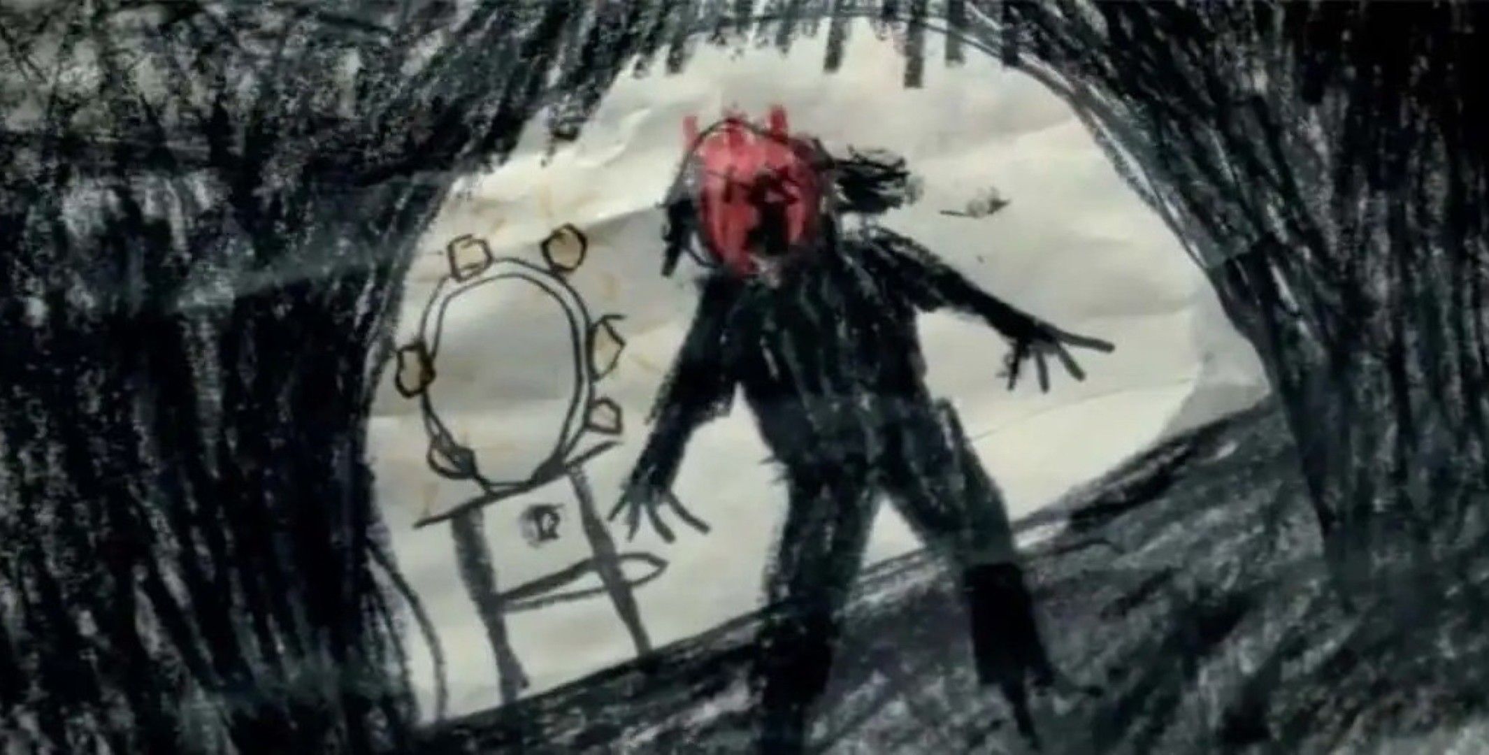 Desenho escuro e rabisco de uma criança de uma figura mascarada ou de demônio do filme insidioso