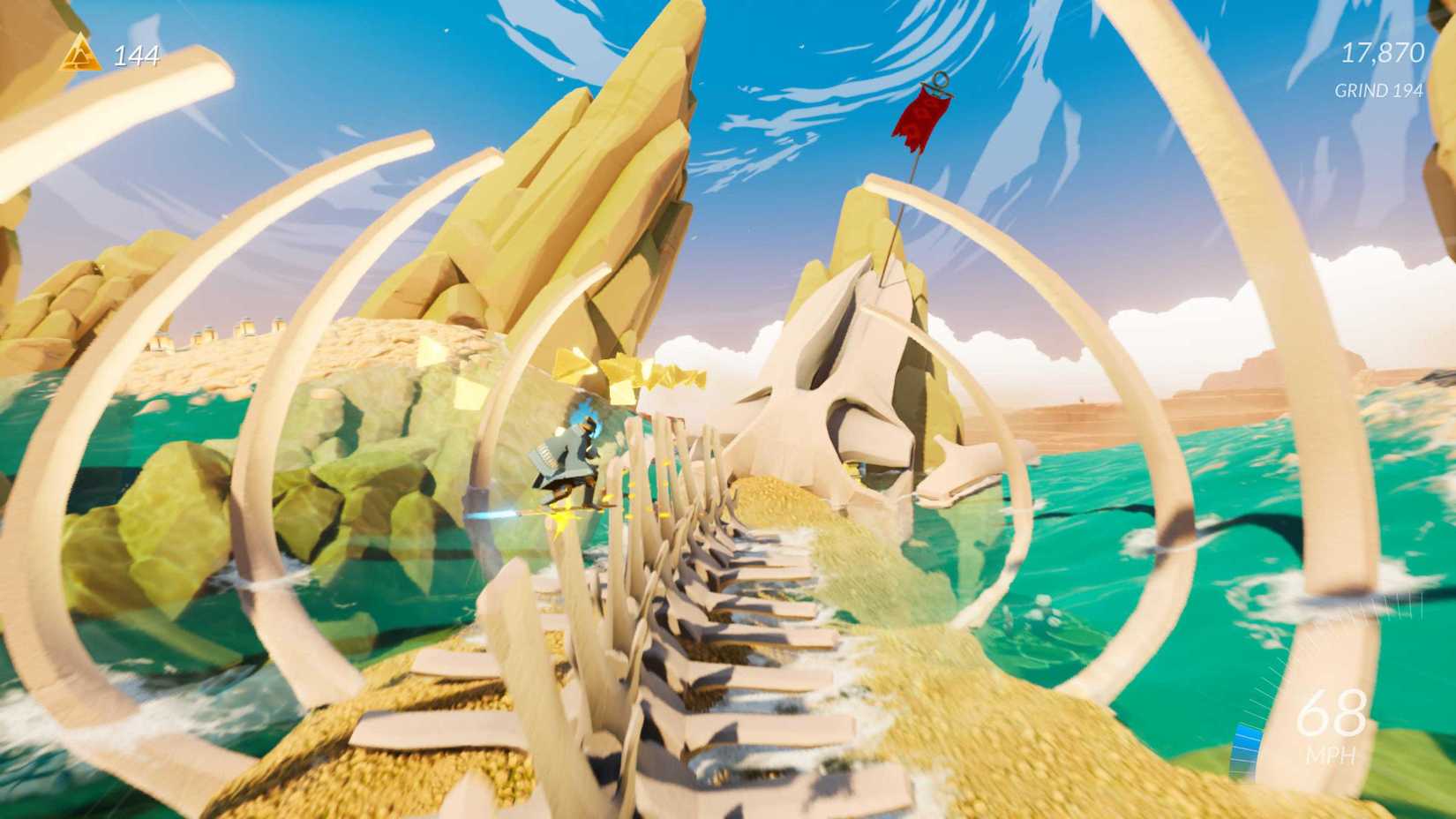 Usando a espinha de uma grande besta como trilho na espada do mar.