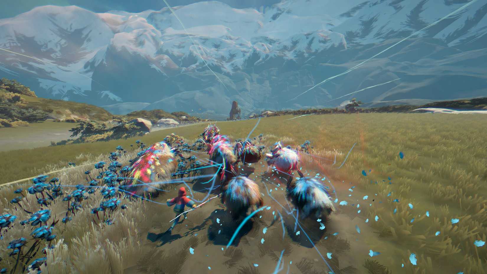 Uma clareira verde cheia de flores azuis. Um jovem rebanhe humano um grupo de calicórnios, criaturas com pêlo marrom e branco. Captura de tela de Herlling.