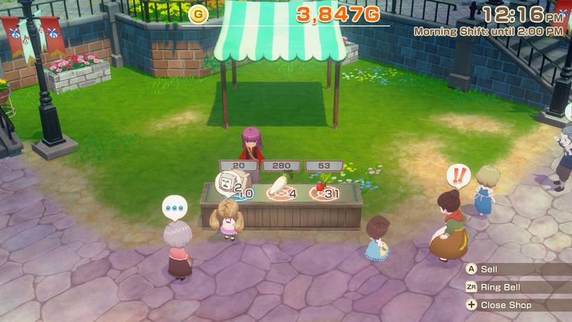 O jogador vende seus produtos em um mercado. Multidões correm para comprar. Uma captura de tela do jogo da Story of Seasons: Grand Bazaar.