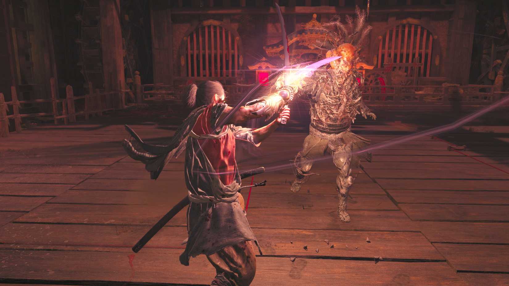 Musashi Parries um ataque de espada Kogashira em uma captura de tela de Onimusha: Way of the Sword