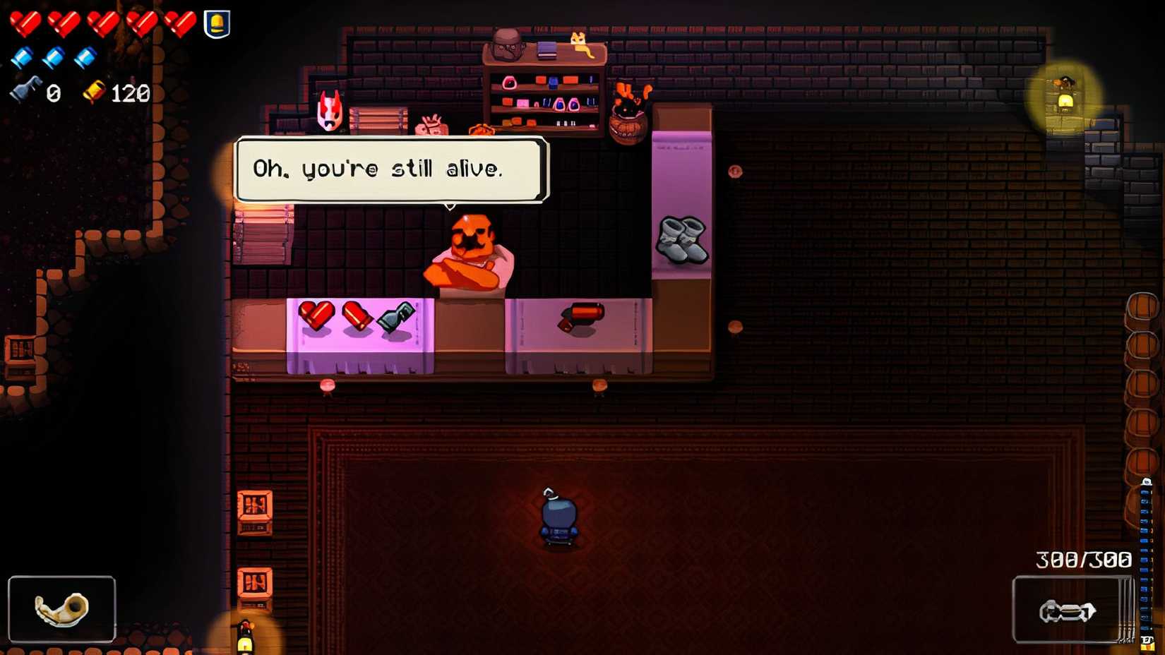 Uma captura de tela de Enter the Gungeon's Shopkeeper.