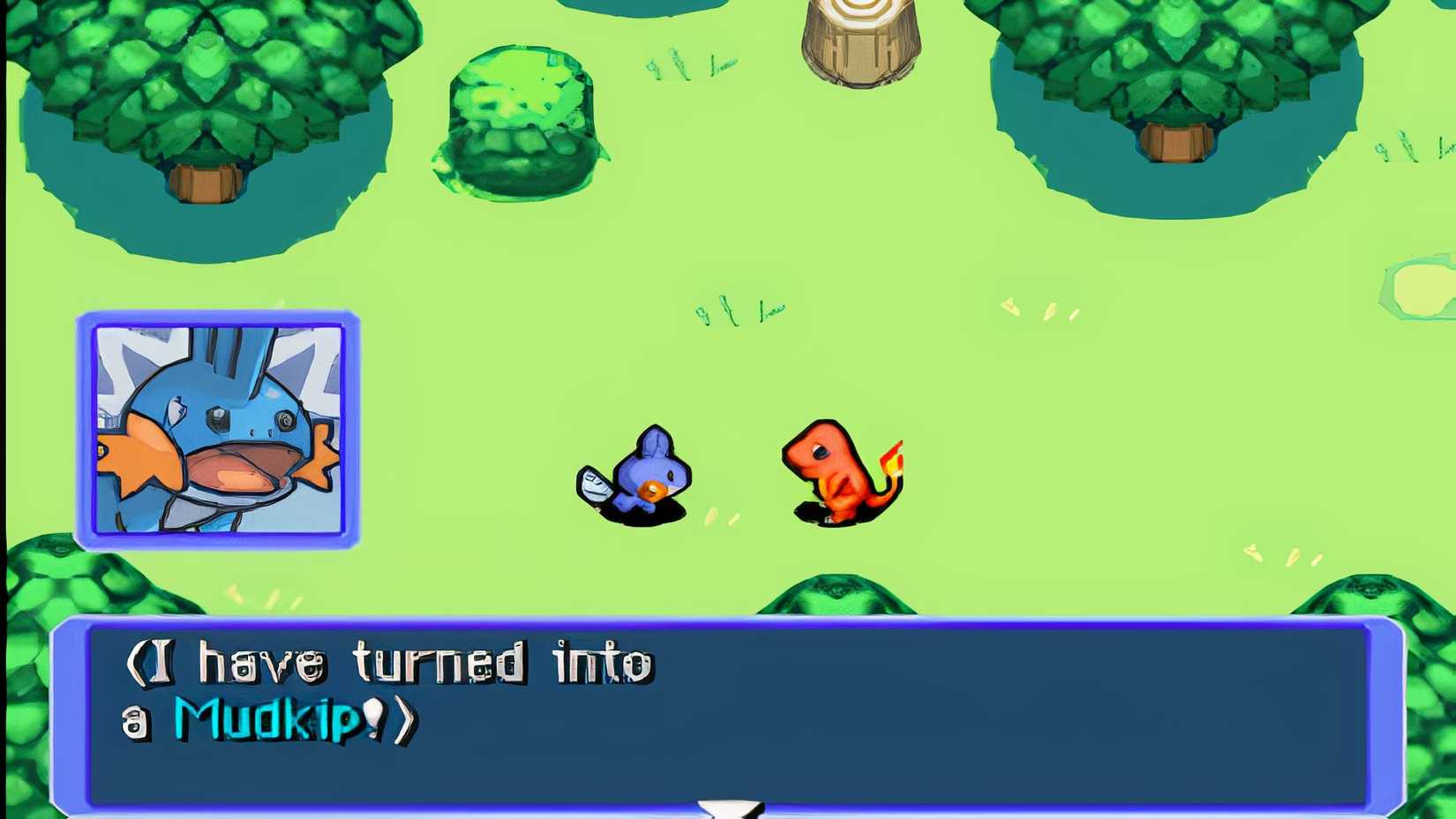 O protagonista acorda e descobriu que ele foi transformado em um Mudkip.