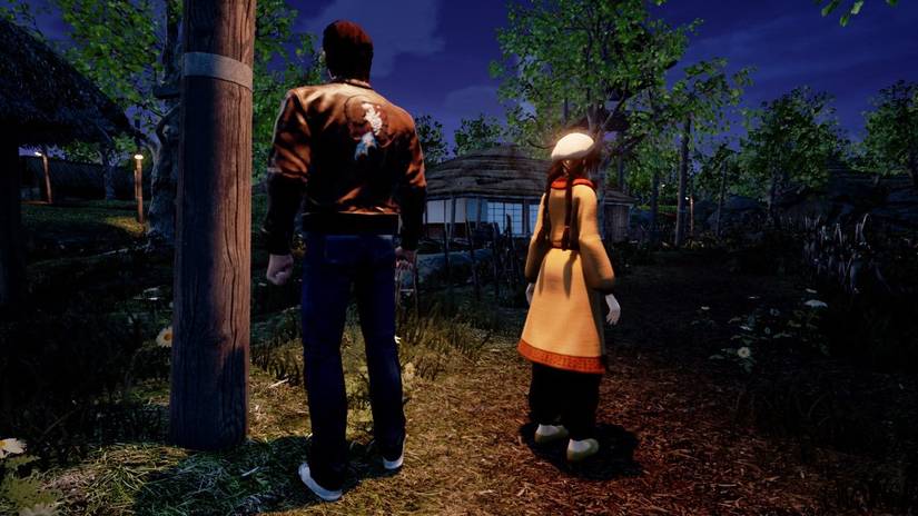 Shenmue 3 Ryo Hazuki e Shenhua Ling de pé para trás em uma estrada