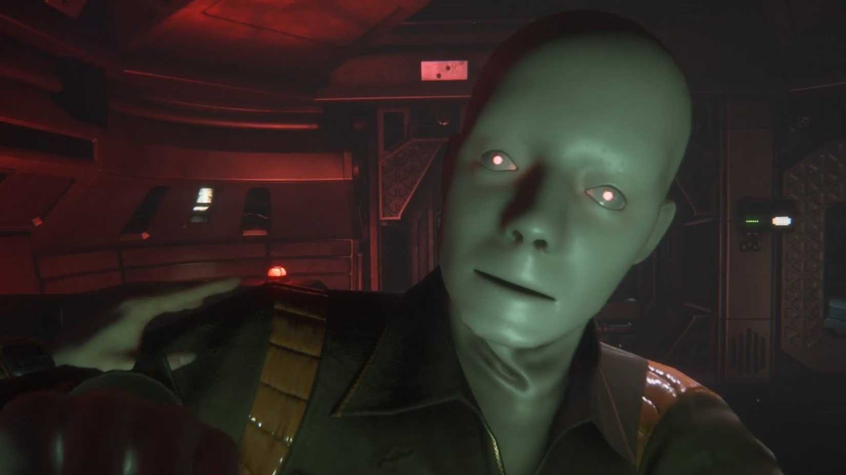 Um sintético pálido e de pele de borracha, conhecido como Joe que trabalha na câmera com pupilas vermelhas brilhantes.