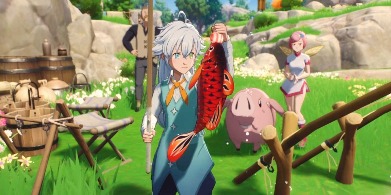 O personagem de origem dos sete pecados de sete pecados, segurando um peixe.