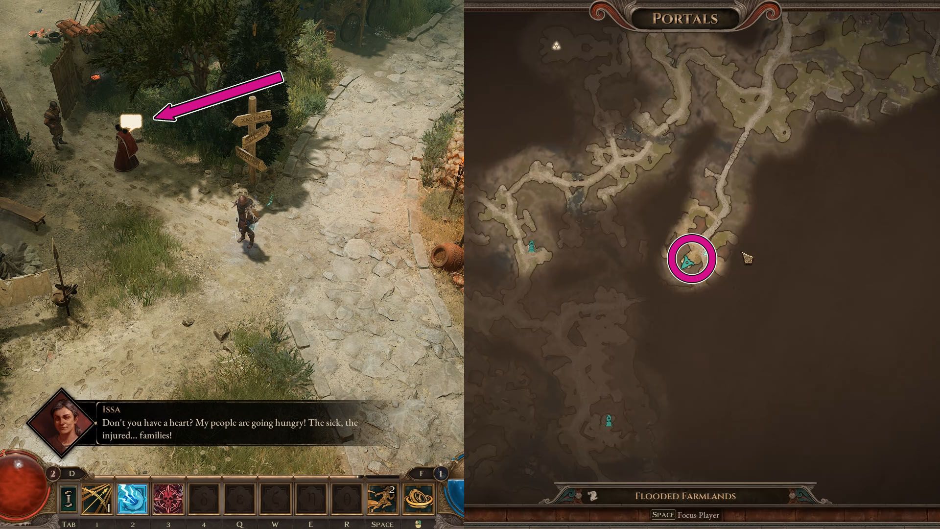Uma montagem de duas capturas de tela do Titan Quest 2. À esquerda, o personagem ao lado de uma mulher que está conversando com guarda. À direita, o mapa mostrando sua localização