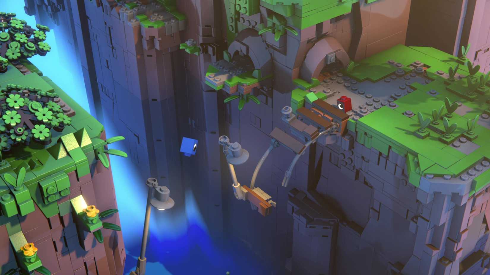 Uma captura de tela oficial de Voyagers de Lego mostrando um brilho azul de lego salto em direção ao tijolo vermelho que está esperando no final de uma trilha quebrada