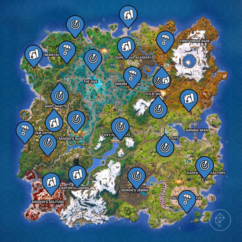 Hunter, Drop Supply Drop e Bunder Shadow Briefings marcados no mapa do Fortnite Capítulo 6 Temporada 4.