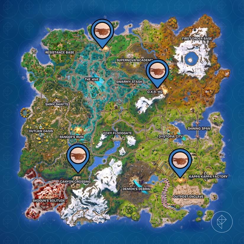 O mapa da 4ª temporada do Capítulo 6 da Fortnite, marcado com os locais do Hammerhead Choppa.