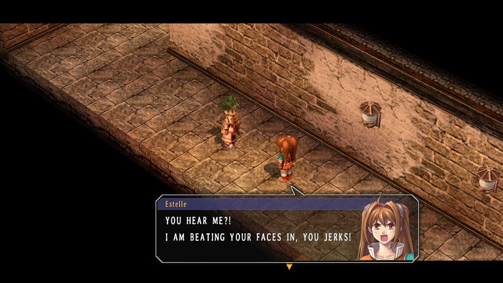 Uma captura de tela do segundo capítulo do Sky Second mostra Estelle conversando com kelving e dizendo "Você me ouve?! Estou batendo em seus rostos, vocês, idiotas!"