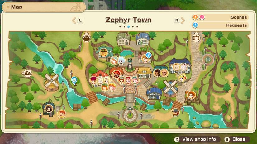 Captura de tela de um mapa representando a localização do personagem do jogador. Imagem de Story of Seasons: Grand Bazaar.