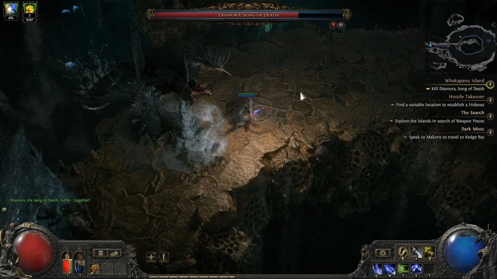 Um caminho da captura de tela do Exile 2 mostra a luta contra a Diamora, Song of Death Boss