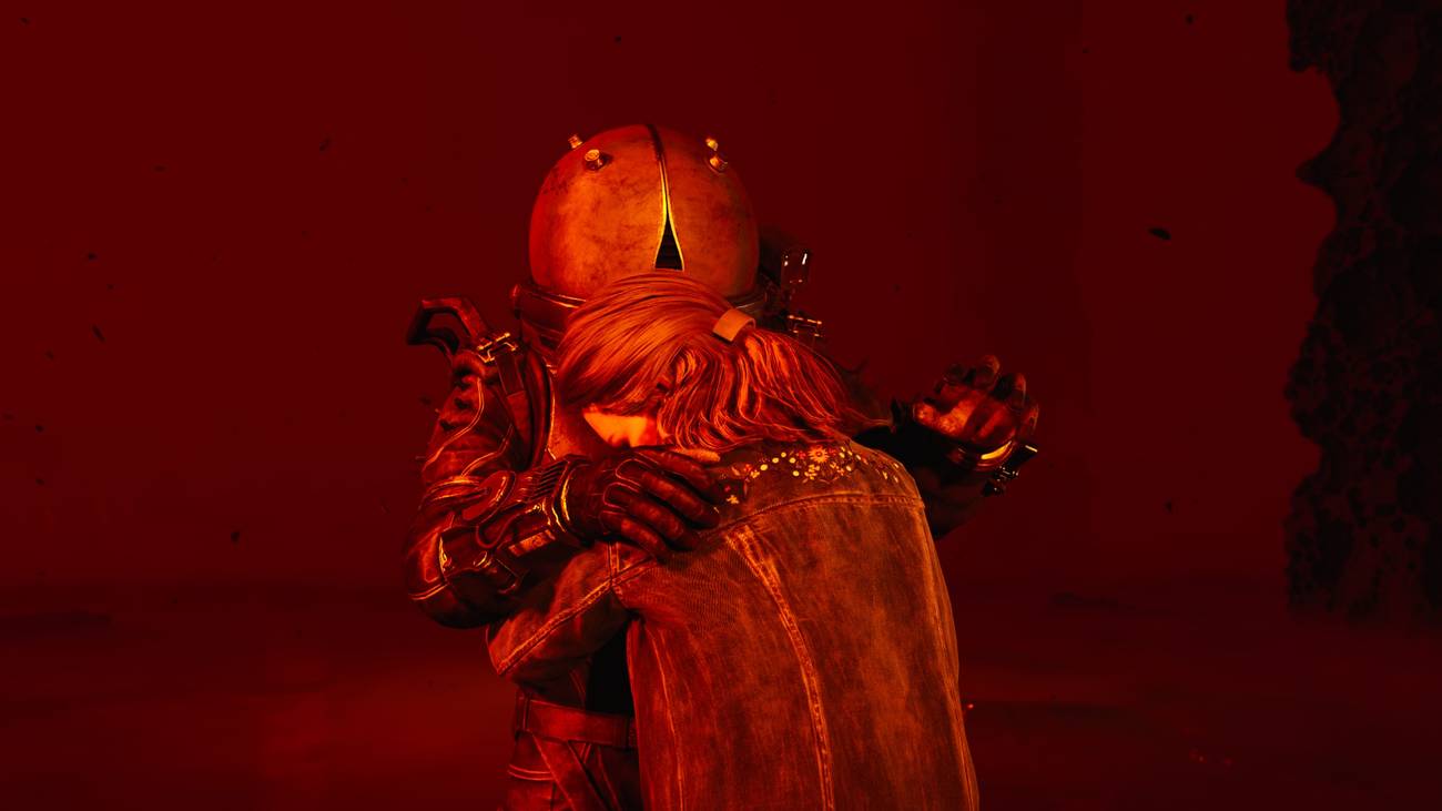 O viajante abraça um morador de New Dawn.