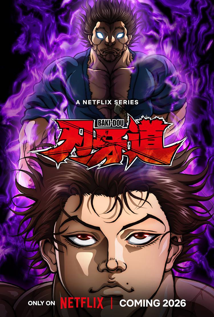 Arte -chave de Baki Dou, mostrando Miyamoto Musashi com aura roxa e baki observando embaixo dele