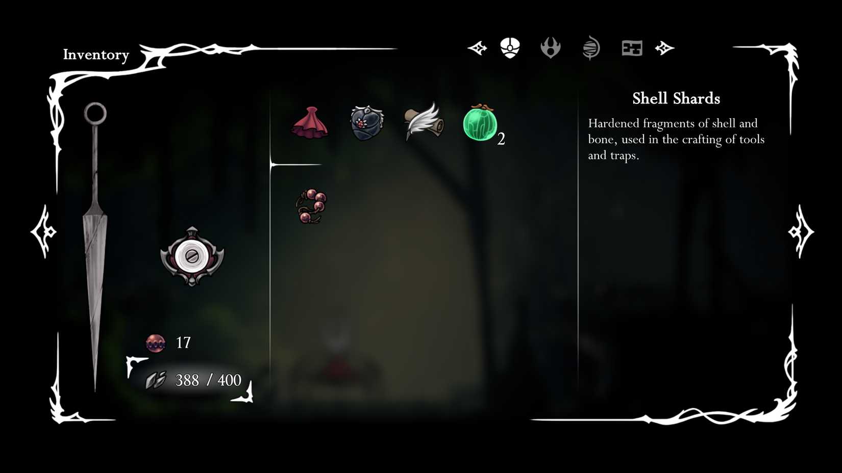 Shell Shards no inventário em Hollow Knight: Silksong.