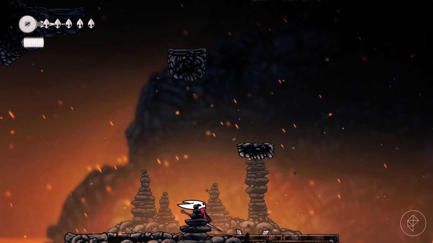 Hornet olhando para cima em direção a algumas plataformas flutuantes em Hollow Knight: Silksong.