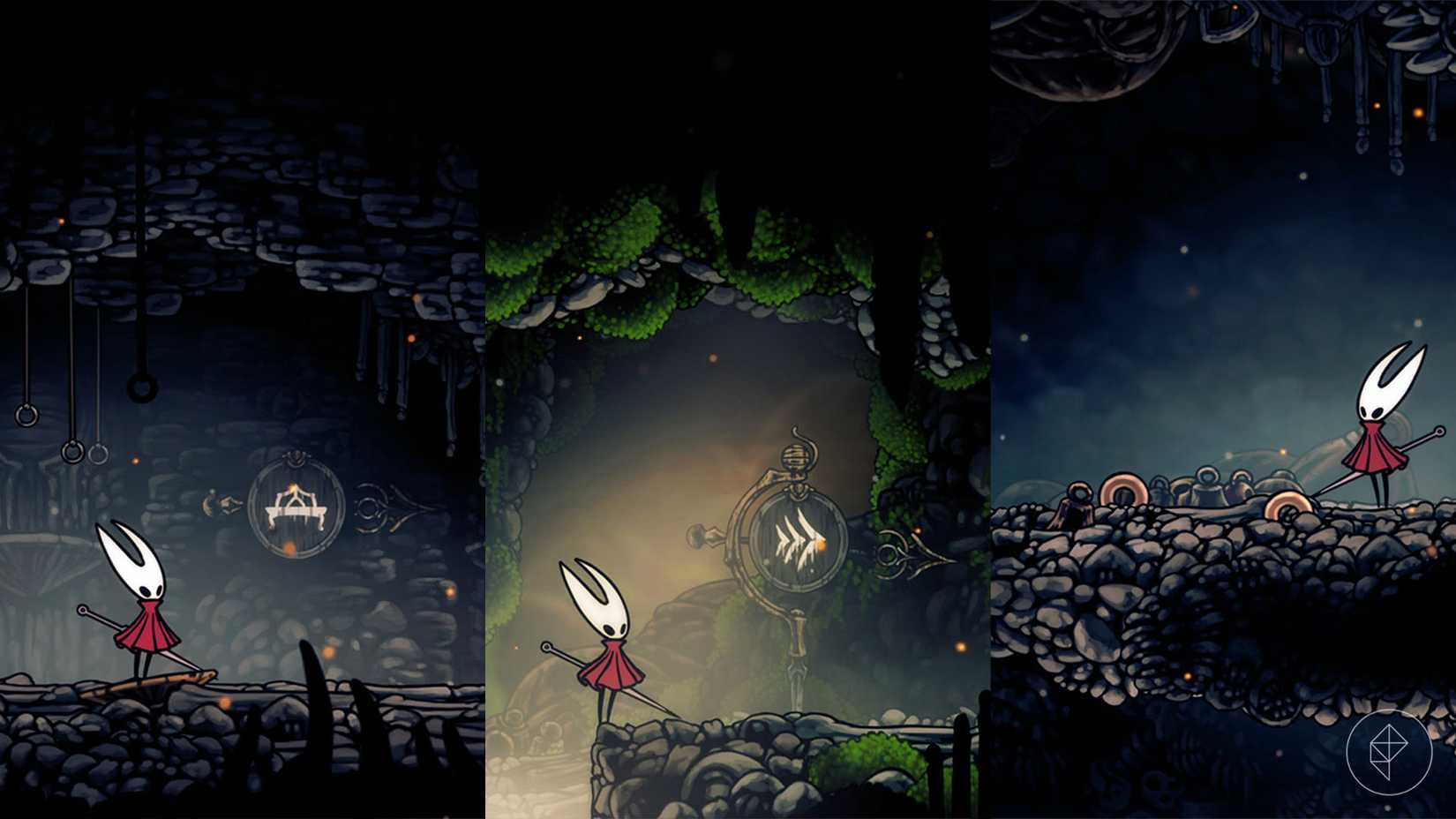 Hornet parado ao lado de um trio de "Sinais" Em Hollow Knight: Silksong