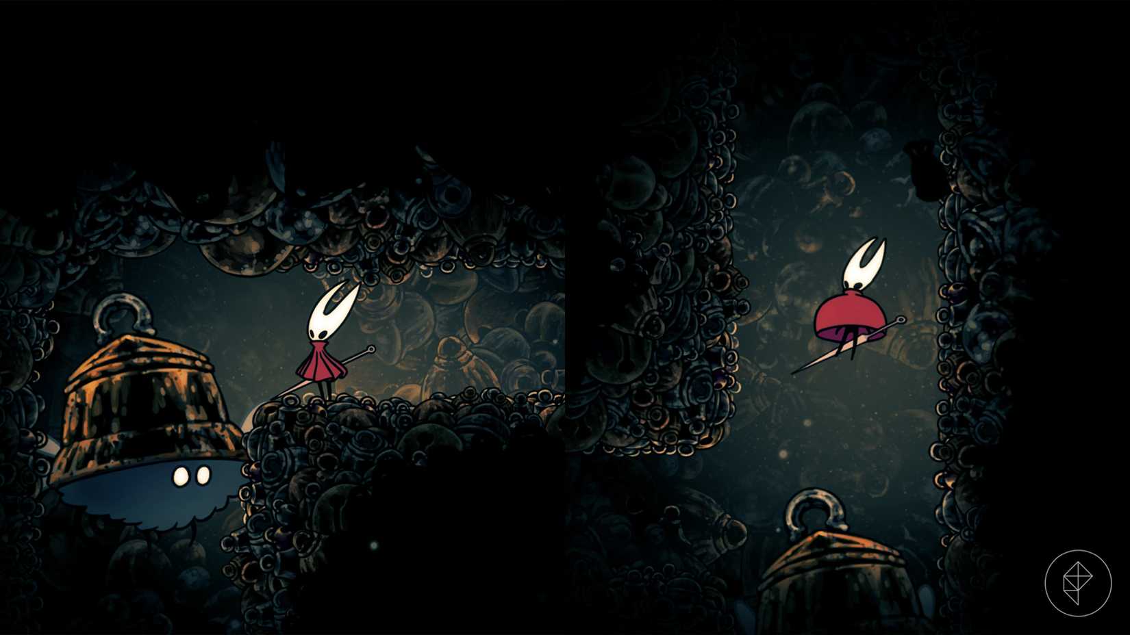 Hornet olhando para uma bola voadora com um sino como um chapéu e deslizando acima dele.