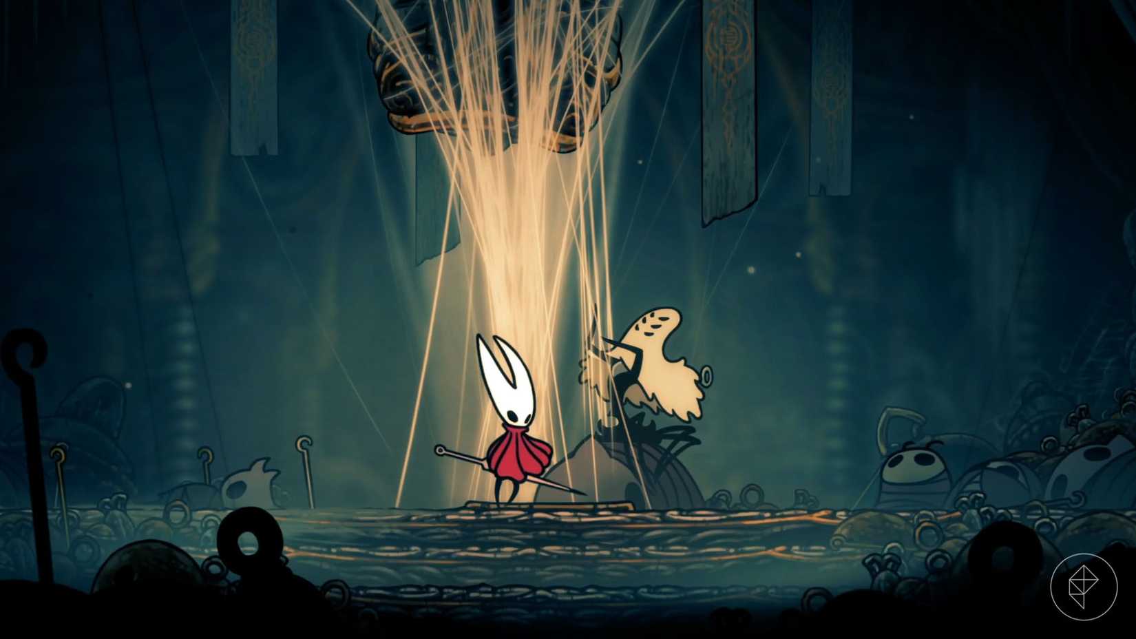 Hornet parado ao lado da viúva, um chefe de aranha, em Hollow Knight: Silksong.
