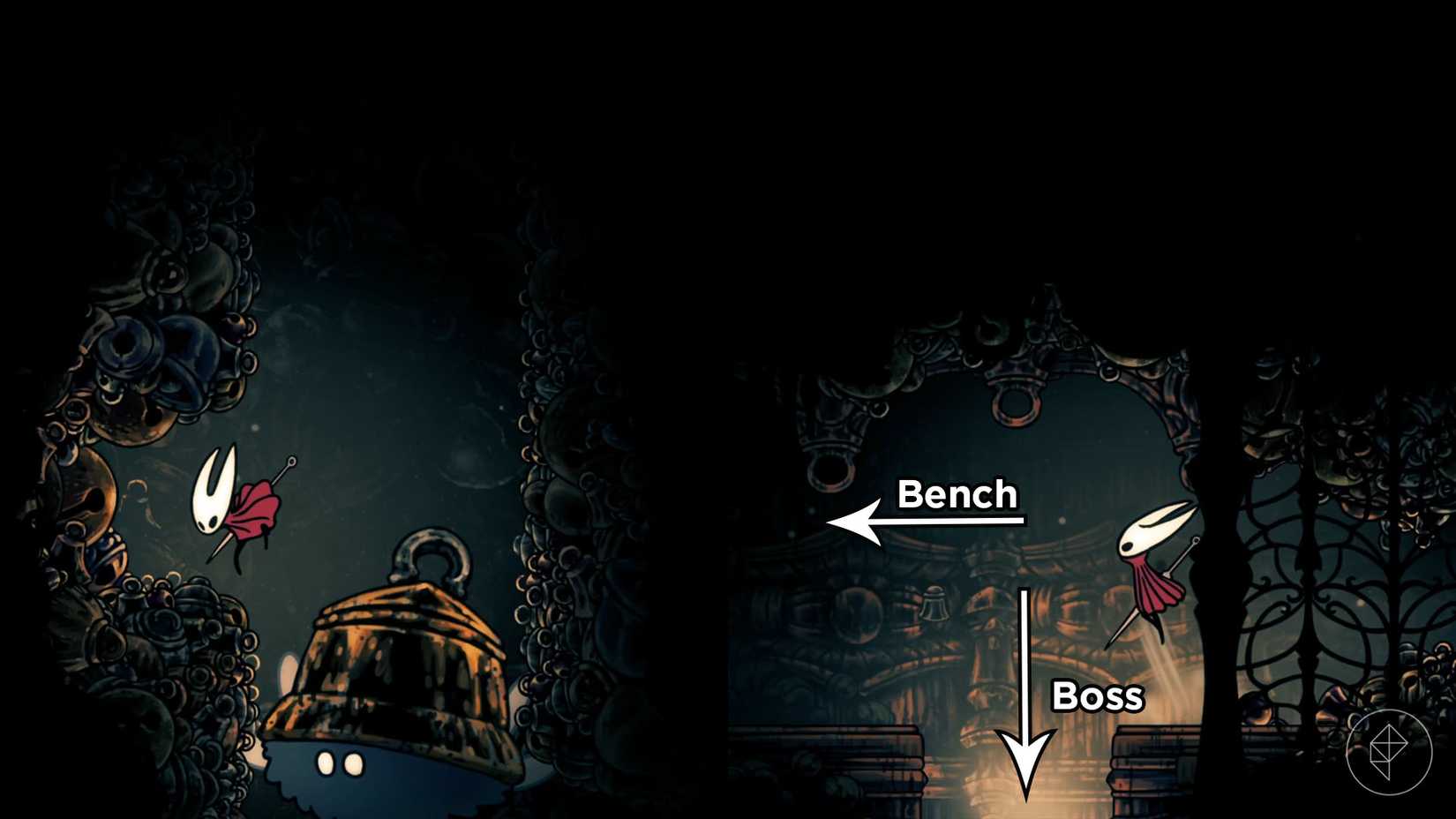 Hornet seguindo um furm alado e pulando sobre um buraco no chão que leva a um chefe.