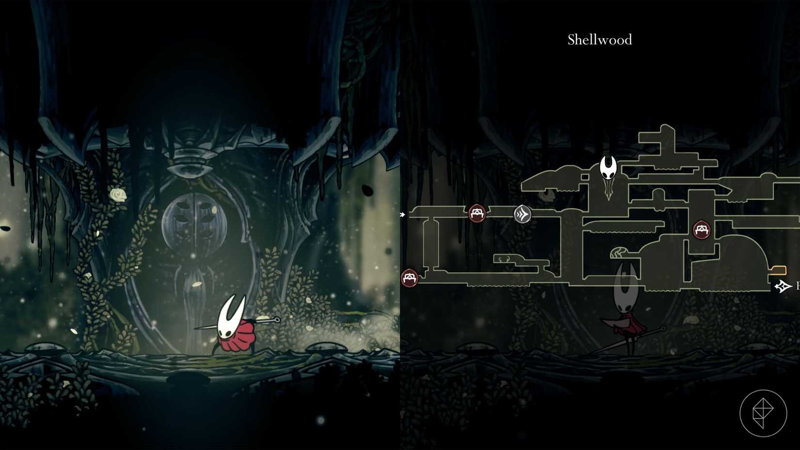 Hornet parado ao lado de uma estátua, juntamente com sua localização marcada no mapa de Shellwood em Hollow Knight: Silksong.
