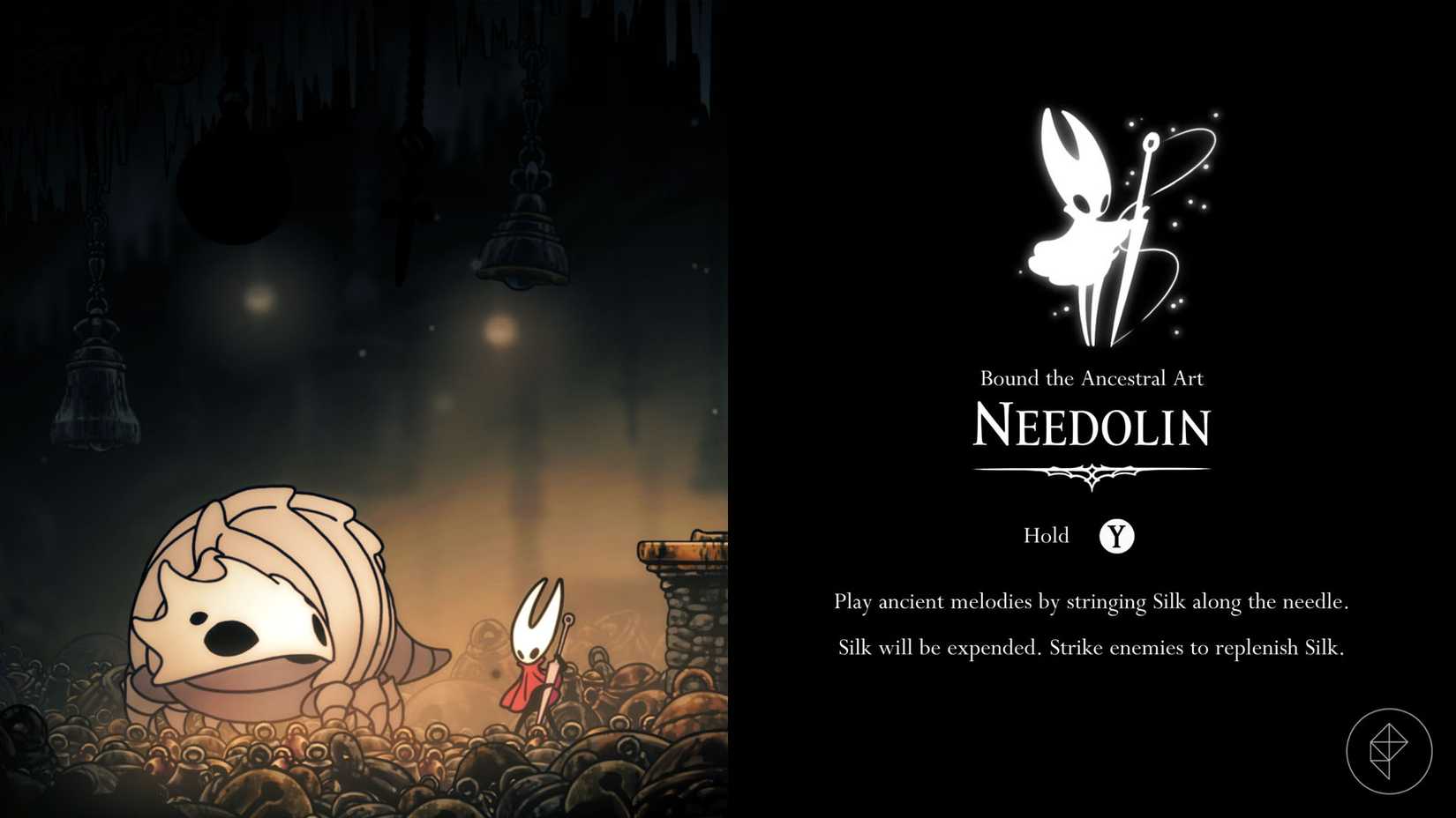 Hornet tocando seu Needolin ao lado da BEASTE BEAST em Hollow Knight: Silksong