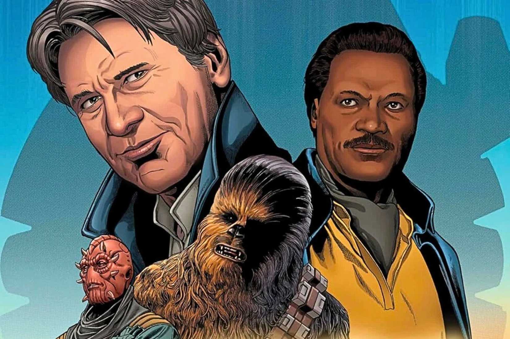 Imagem de Han Solo - Hunt for the Falcon. Possui um solo Han mais grisalho, abatido e de aparência mais antiga, com cabelos grisalhos, rugas e um casaco escuro. Ele se junta a um mais velho Lando Calrissian, com sua camisa amarela exclusiva e capa azul, além de Chewbecca, um Wookie.