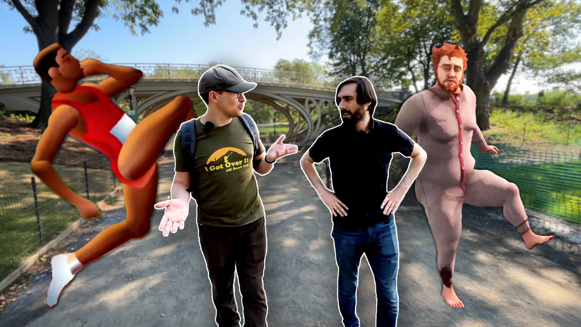 Imagem: Bennett Foddy e Giovanni Colantonio andando sob pontes de arco no Central Park em um dia ensolarado. Os personagens principais dos passos QWOP e do bebê são retratados atrás deles.