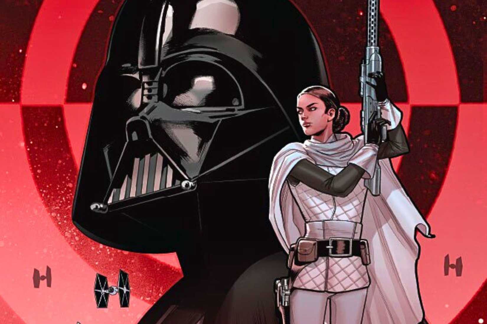 Uma captura de tela da história em quadrinhos do Darth Vader (2020), com Darth Vader com Sabe, vestido com uma roupa branca com um rifle, parado na frente dele.