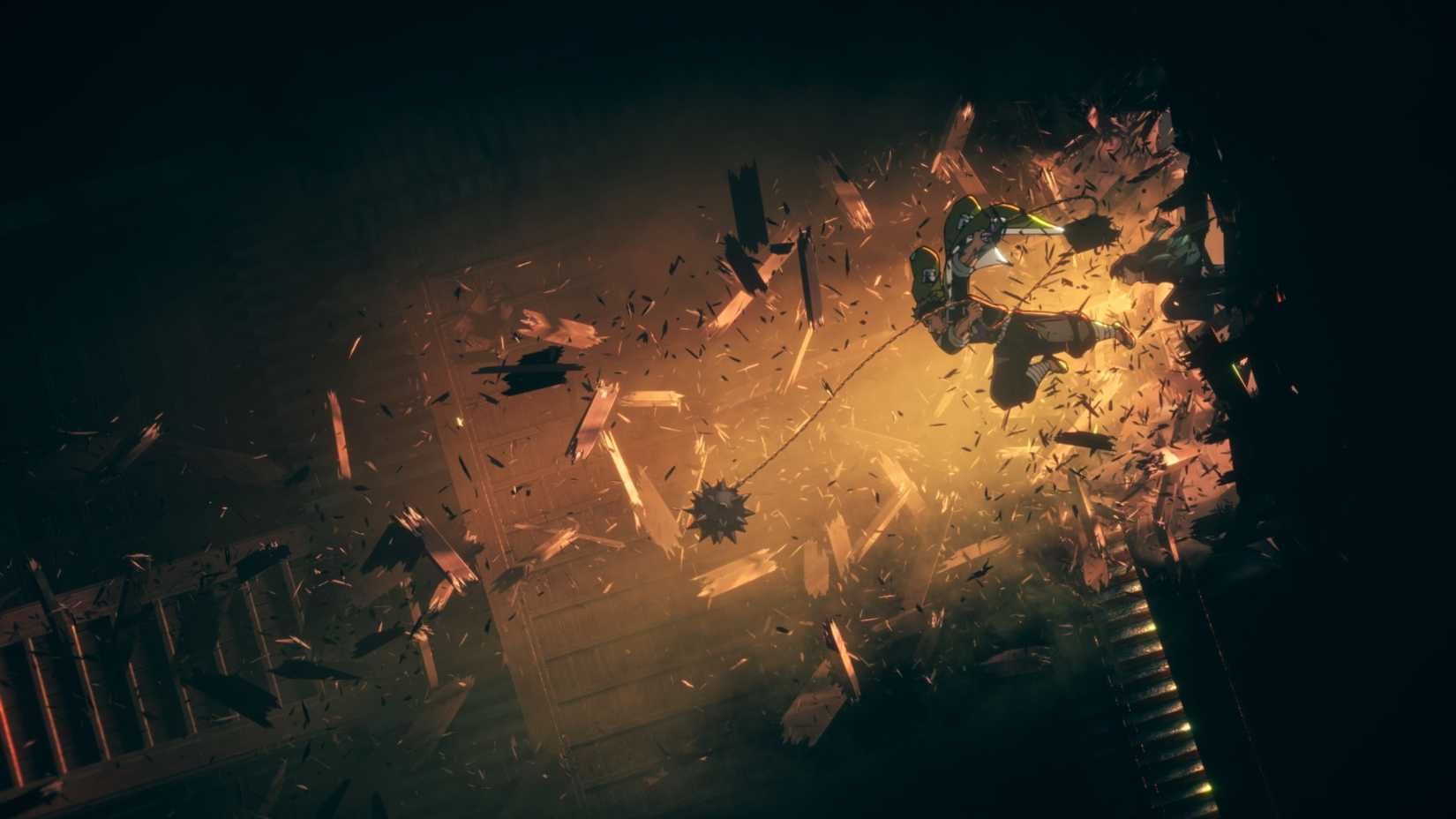 Gyomei Himejima entrando em ação no castelo de Slayer Demon Slayer (© Copyright_ © Koyoharu GoToge _ Shueisha, Aniplex, Ufotable)