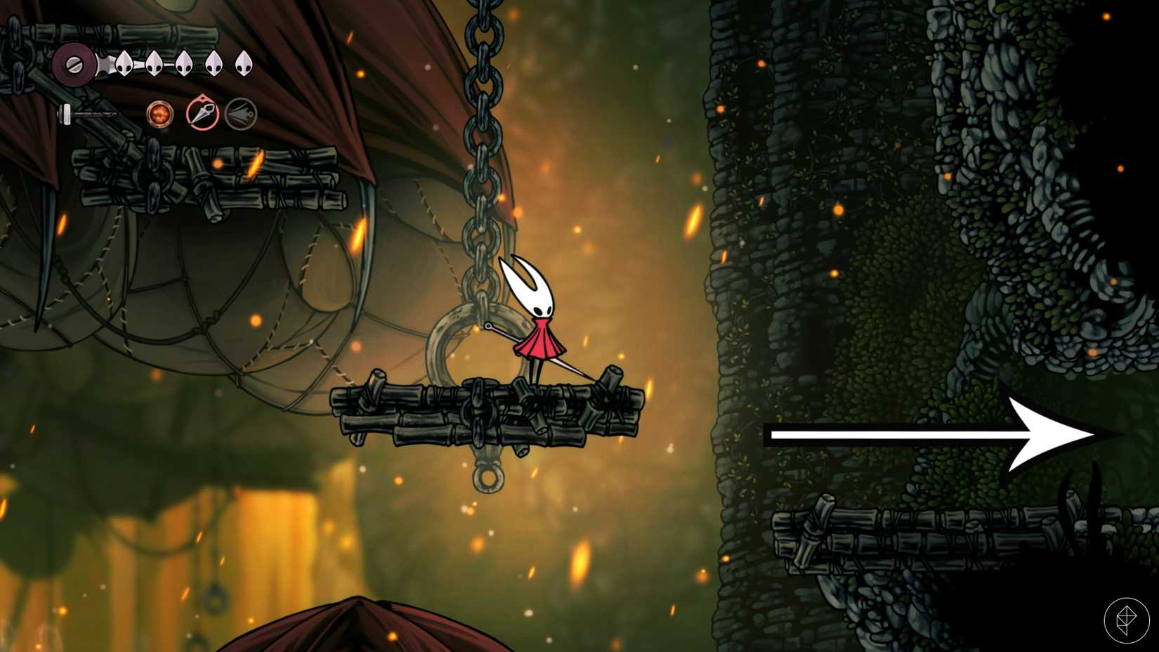 Uma seta aponta para o melhor local para completar espinhos flexíveis em Hollow Knight: Silksong.