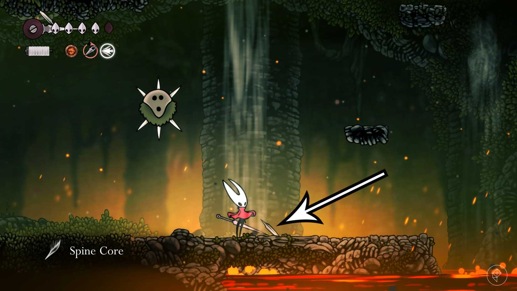 Um núcleo de espinha caído em Hollow Knight: Silksong.