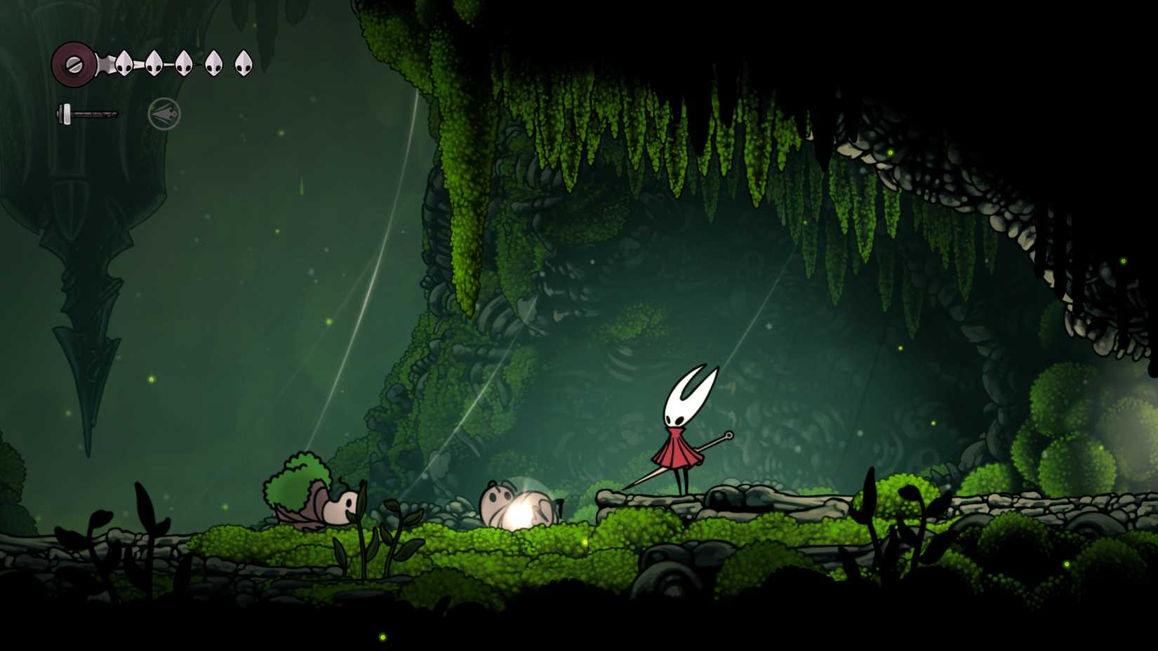 Peregrinos soltando xales de peregrinos durante o traje da busca dos peregrinos em Hollow Knight: Silksong.