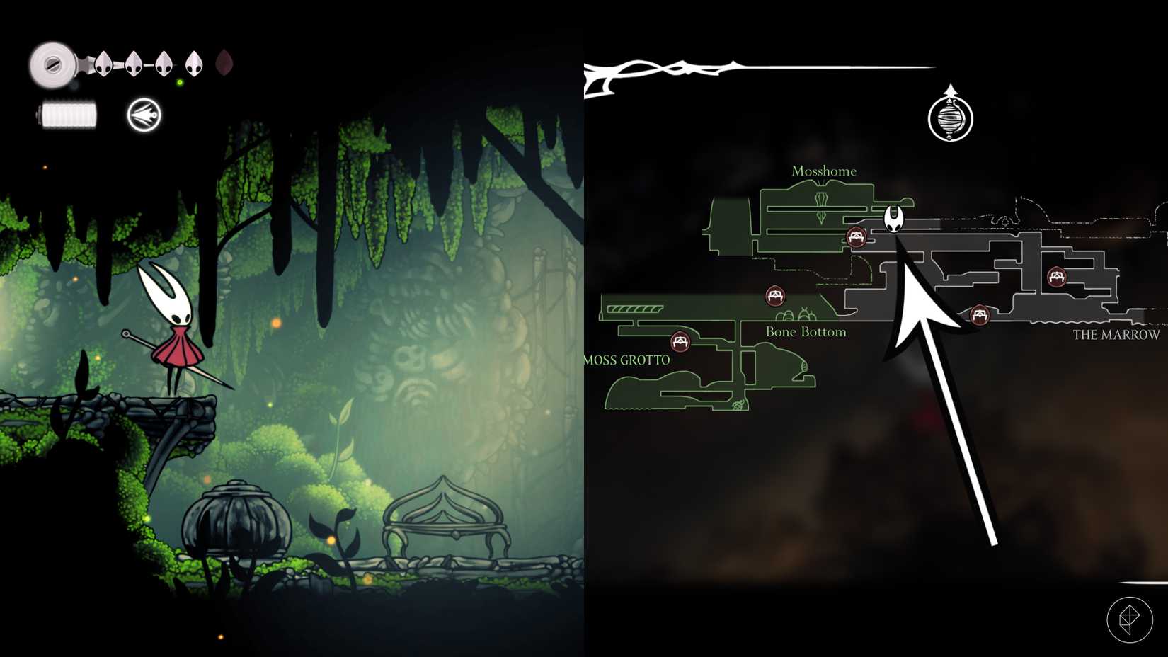 O banco de repouso perto da besta do sino e da primeira localização de Shakra em Hollow Knight: Silksong.