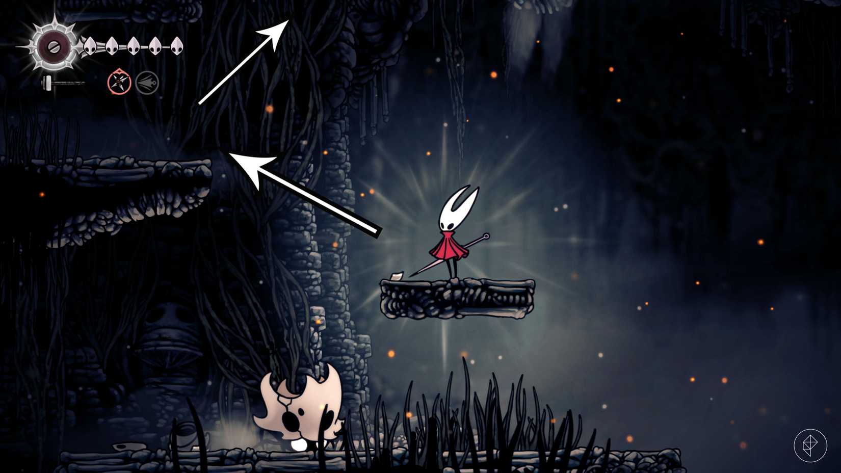 Um jogador subindo para a segunda localização volátil de FlintBeetle em Hollow Knight: Silksong.