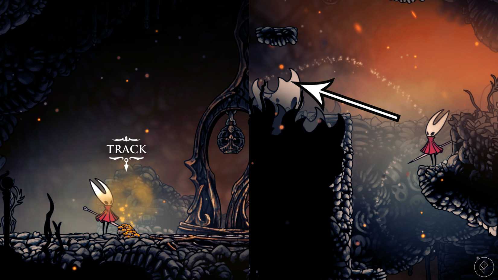 Um jogador rastreando um FlintBeetle em Silksong.