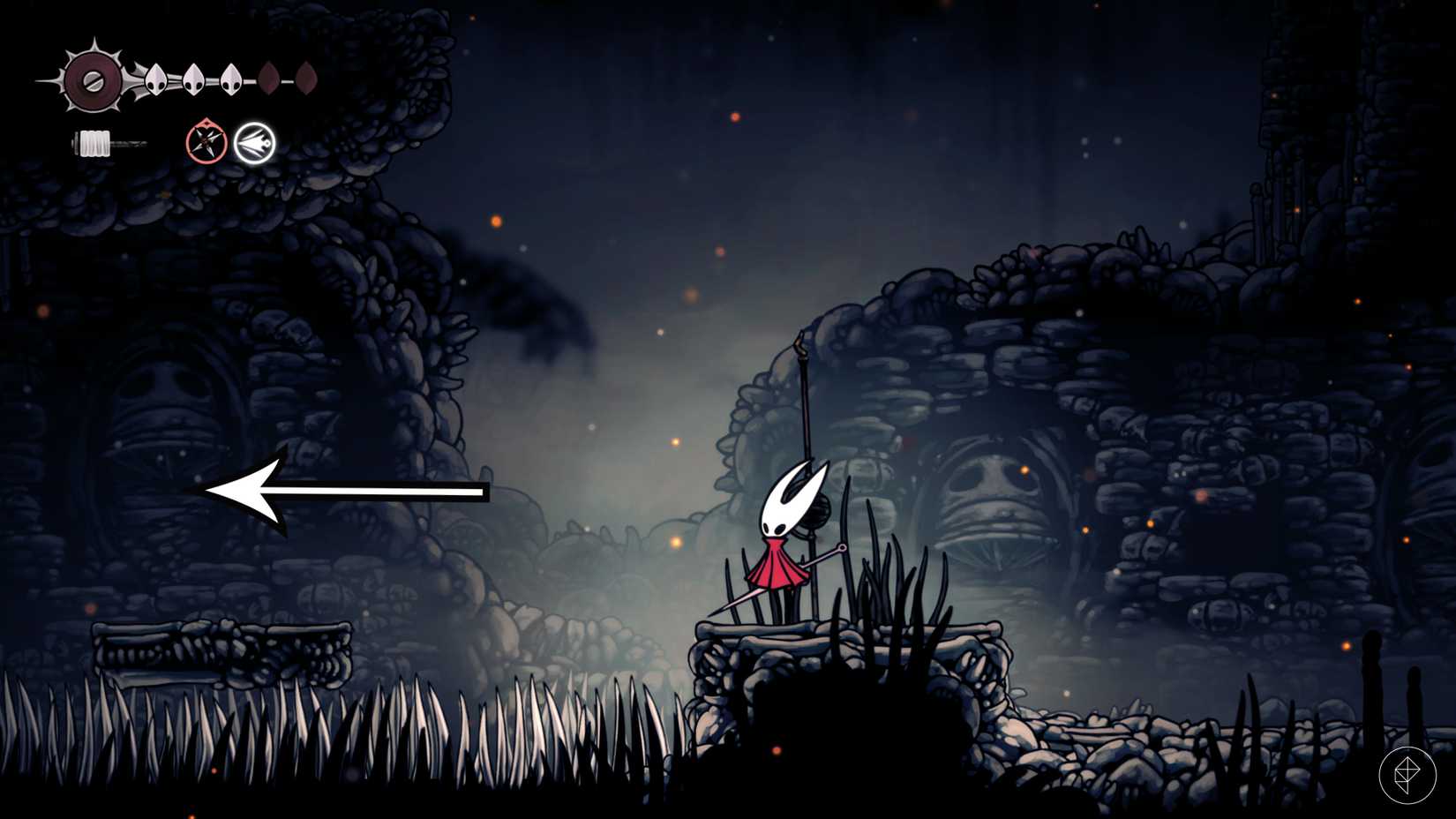 A estrada para a segunda localização volátil de FlintBeetle em Hollow Knight: Silksong.