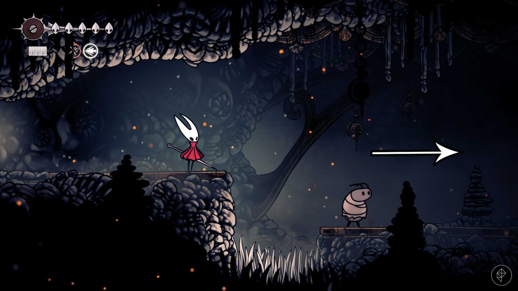 A estrada para a terceira localização volátil de FlintBeetle em Hollow Knight: Silksong.