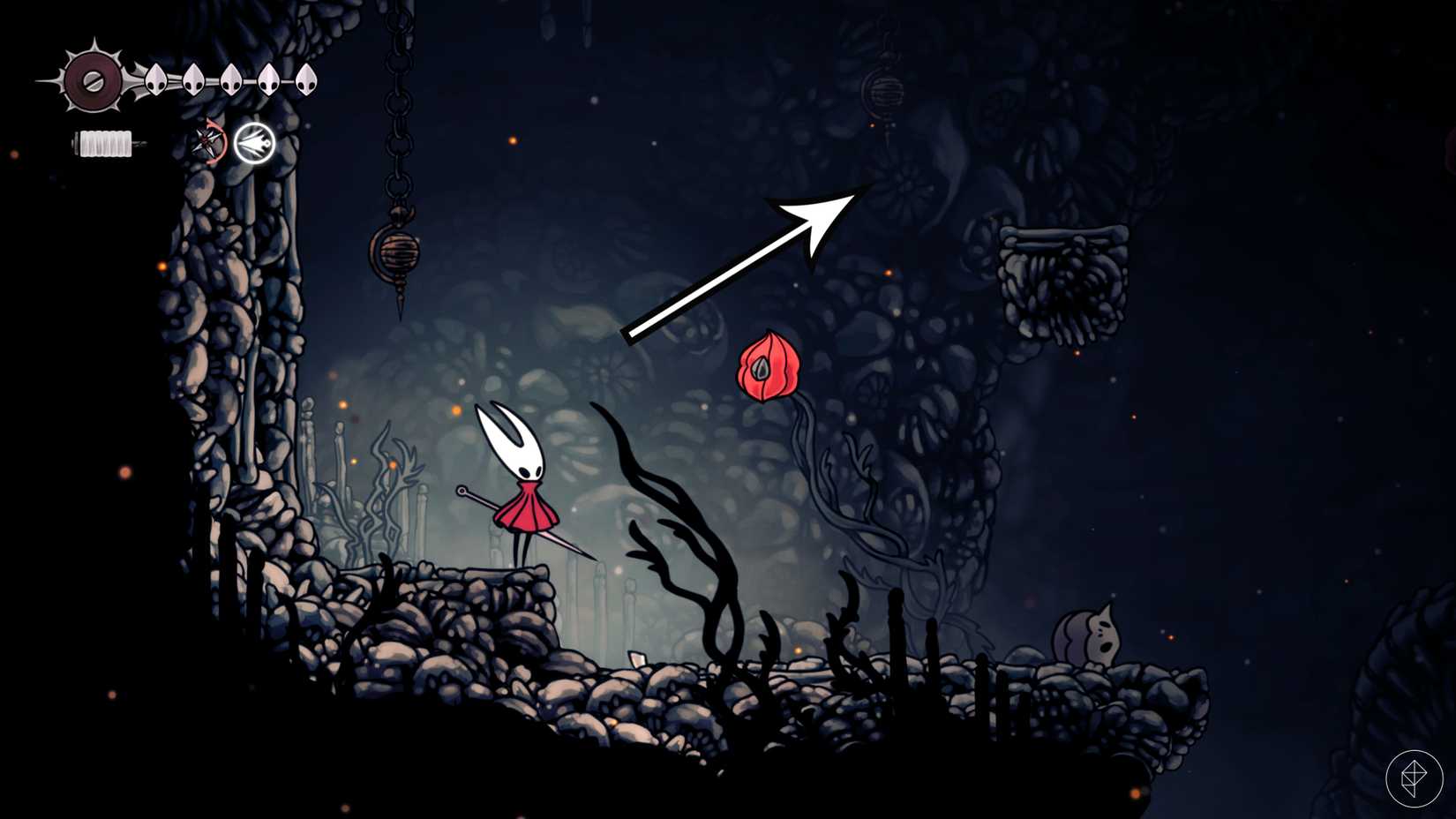 A estrada para a terceira localização volátil de FlintBeetle em Hollow Knight: Silksong.