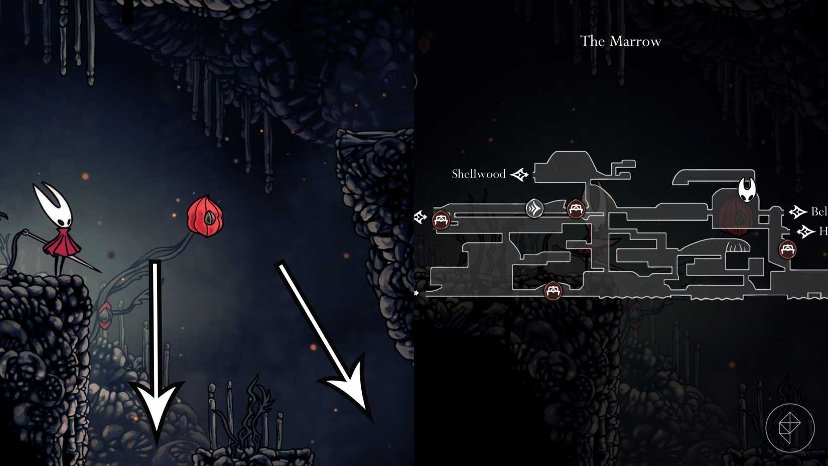 Duas flechas que levam a um volátil FilntBeetle em Hollow Knight: Silksong.