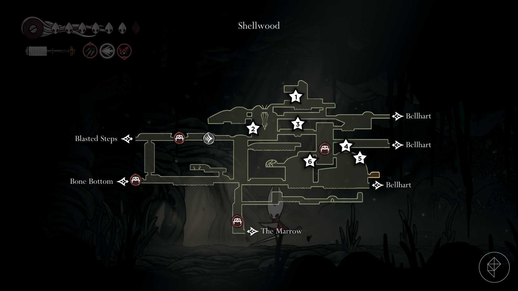 Um mapa de Shellwood marcando os locais dos Hearts Pollip em Hollow Knight: Silksong.
