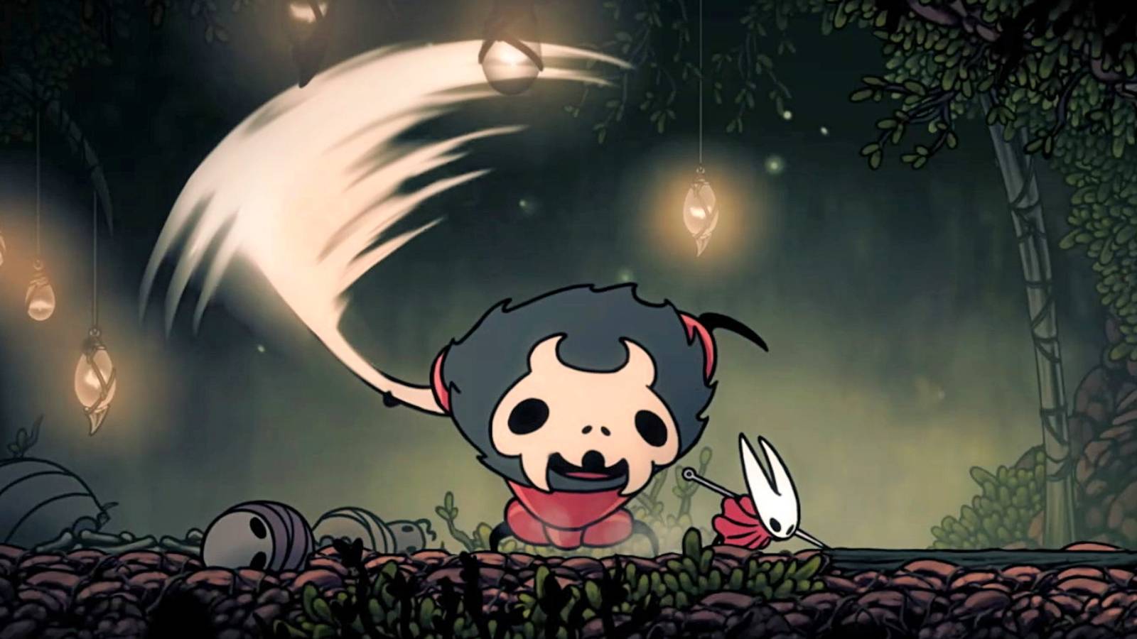 Hornet evitando o chefe do Skull Ant em Silksong