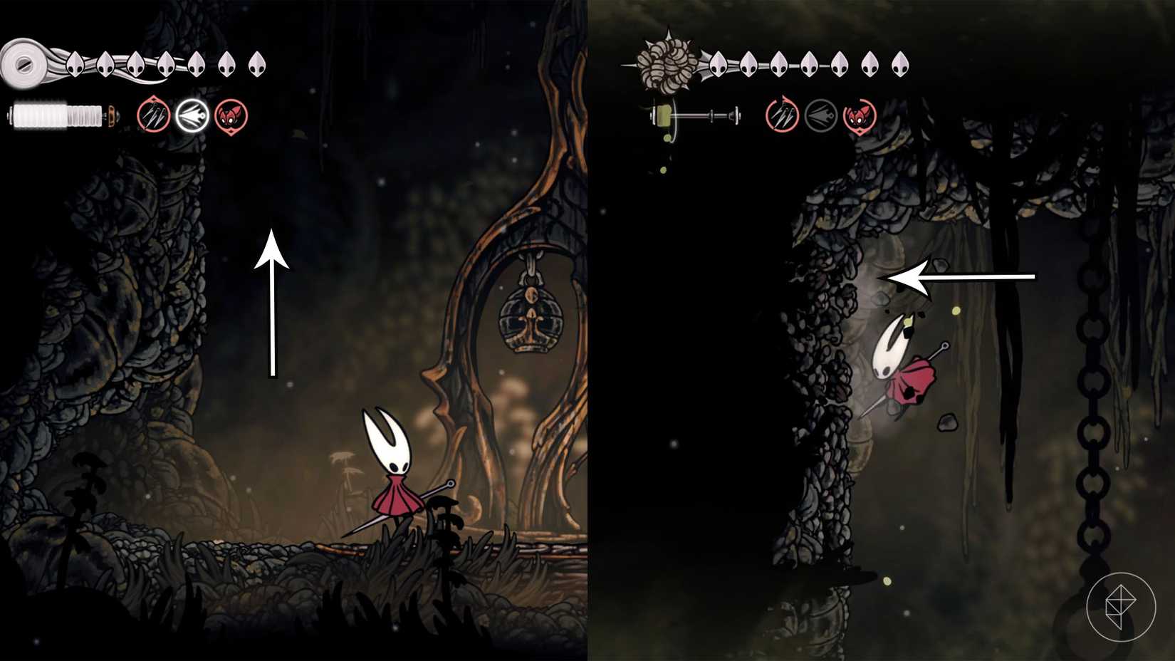 Uma seta apontando para cima uma parede e em direção a uma parte destrutível encontrada perto do teto em Hollow Knight: Silksong.