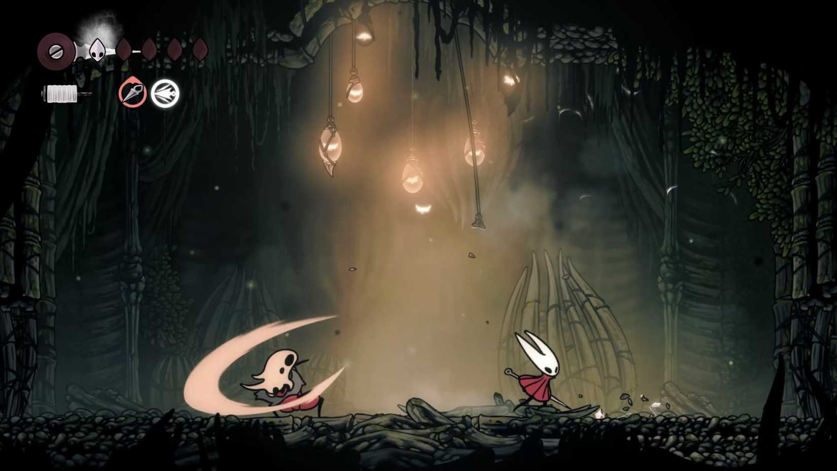 Hornet no extremo oposto de uma arena de um soldado de formiga em Silkong